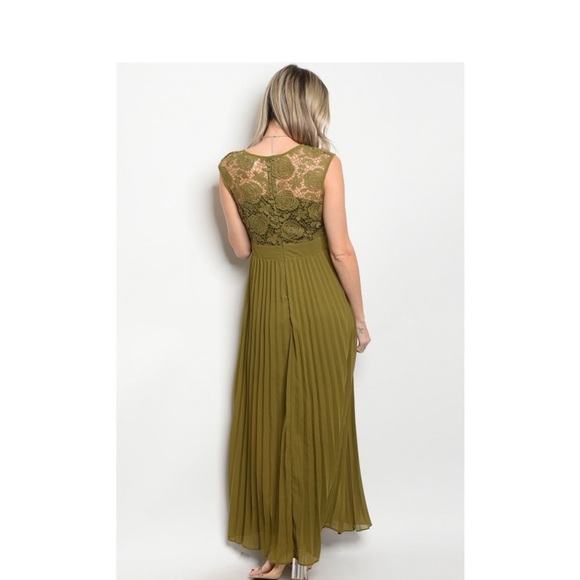 Olive Pleated Lace Crochet Long Maxi Dress NEW - Picture 2 of 6